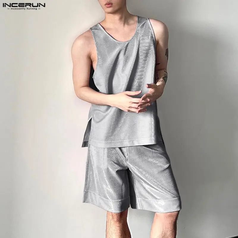 Mens Fashion Casual 2026 - Мужские комплекты INCERUN: блестящие однотонные майки