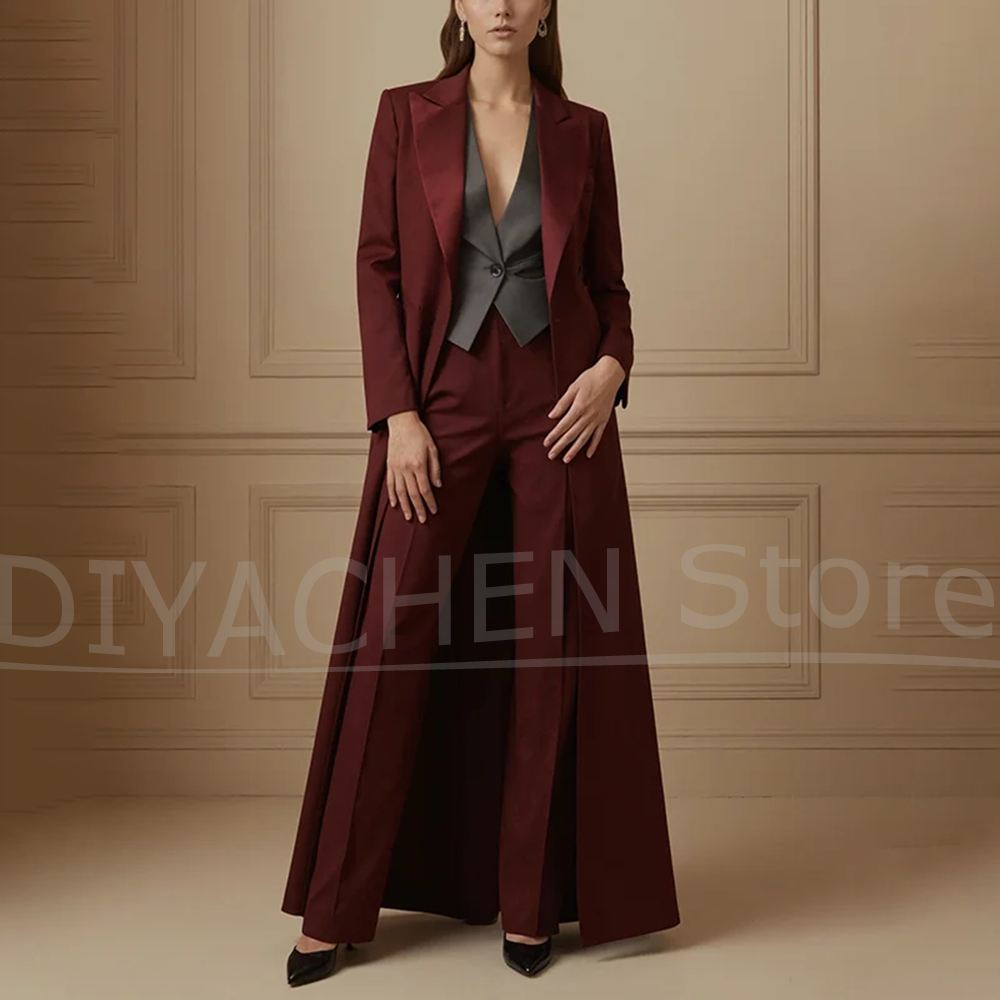 Formal Waistcoat Vest - Женский костюм-тройка: бордовое длинное пальто с